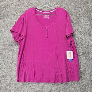 Hanes Women's Shirt Comfort Sleep Round Neck 1/4 Button Dark Pink 1X